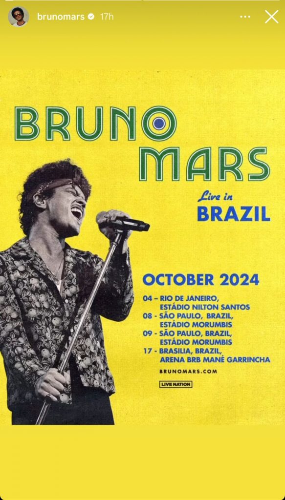 Post publicado pelo cantor Bruno Mars com as datas dos shows
